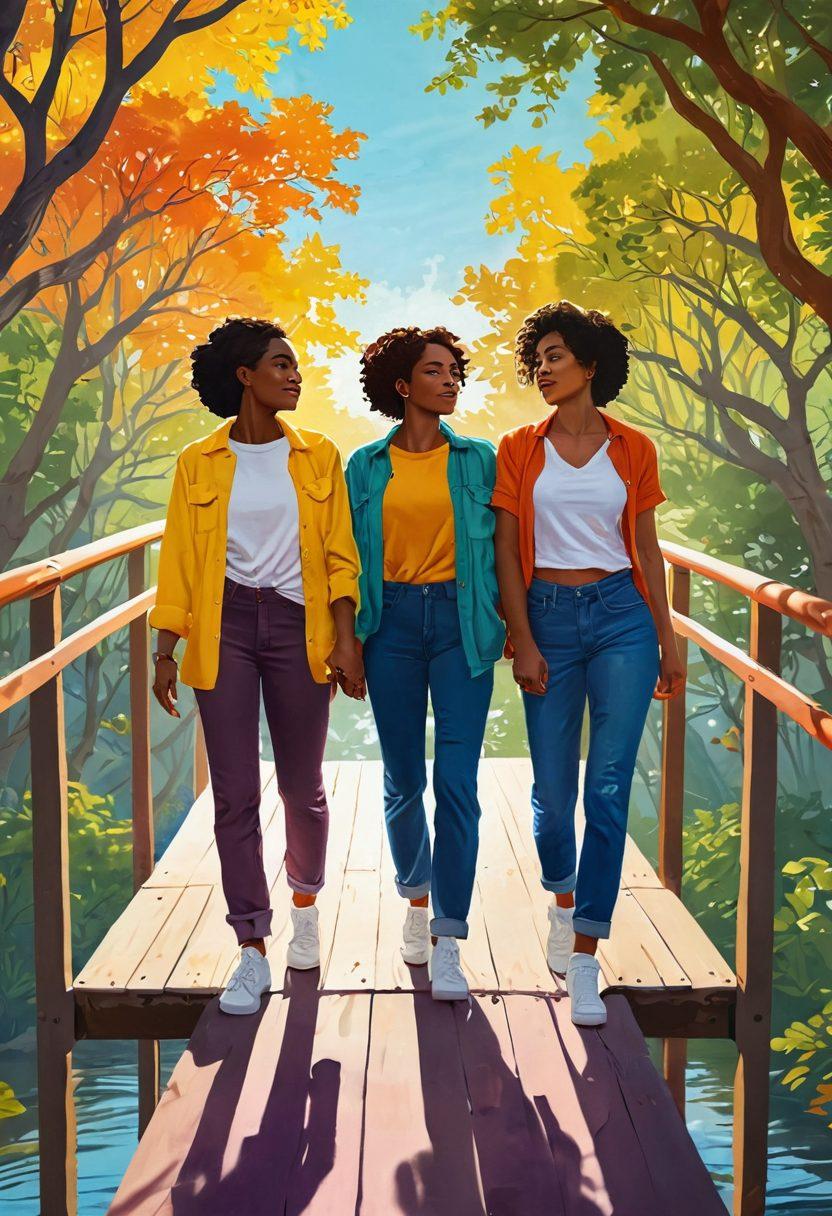 A vibrant and colorful illustration of diverse women from the lesbian community standing together on a beautifully designed bridge, symbolizing empowerment and love. The scene showcases different landscapes on either side of the bridge, representing various backgrounds and cultures coming together. Sunlight filters through a canopy of trees, creating a warm atmosphere of unity and joy. The women are depicted in casual and stylish clothing, expressing individuality and solidarity through their poses. The image style is a blend of super-realistic and vibrant colors, with an inviting atmosphere.